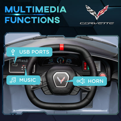 12V Kids Electric Car Corvette Licensed Remote Control Suspension Music Headlight Slow Start Light Blue Ride On