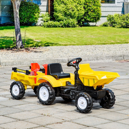 Yellow Pedal Ride On Dump Truck Front Loader Kids Ride-On Construction Tractor with Trailer