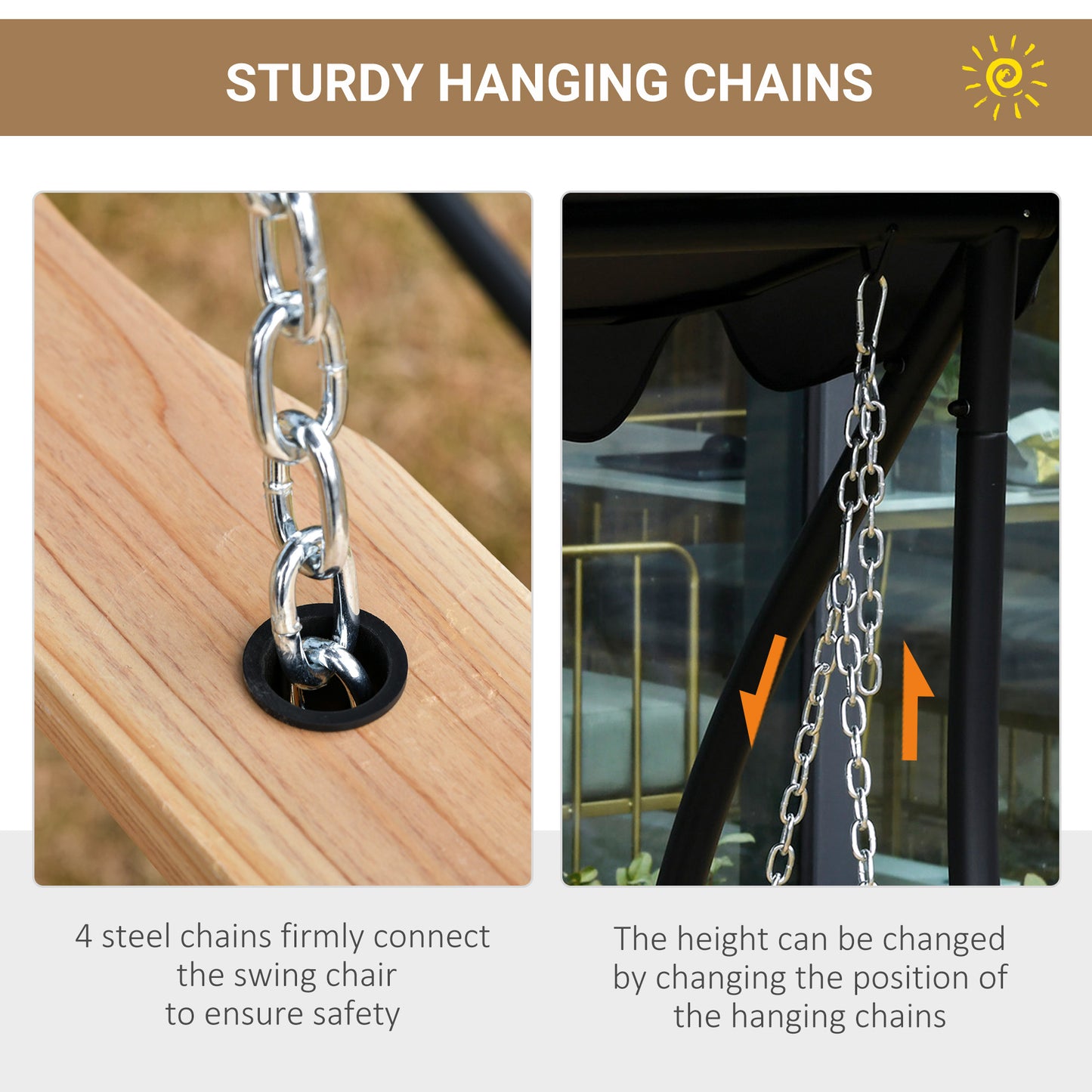 3-Seater Patio Swing Chair with Foldable Table & Cup Holders, Durable Wood Porch Swing, Steel Chains, Natural Finish Kids Crystal