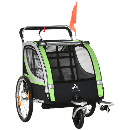 Convertible 2-in-1 Child Bike Trailer & Stroller Safety Features Storage Basket Green Color Outdoor