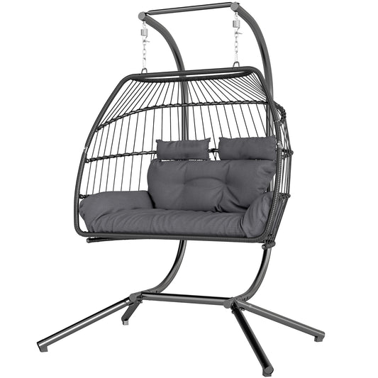Double Wicker Egg Swing Chair with Stand, Foldable Hanging Egg Chair with UV Resistant Cushion, Headrest, Dark Grey