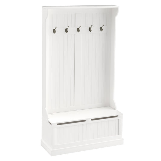 71 Inch Hall Tree with Storage Bench 3-In-1 Coat Rack 5 Steel Hooks Entryway Organizer Cream White