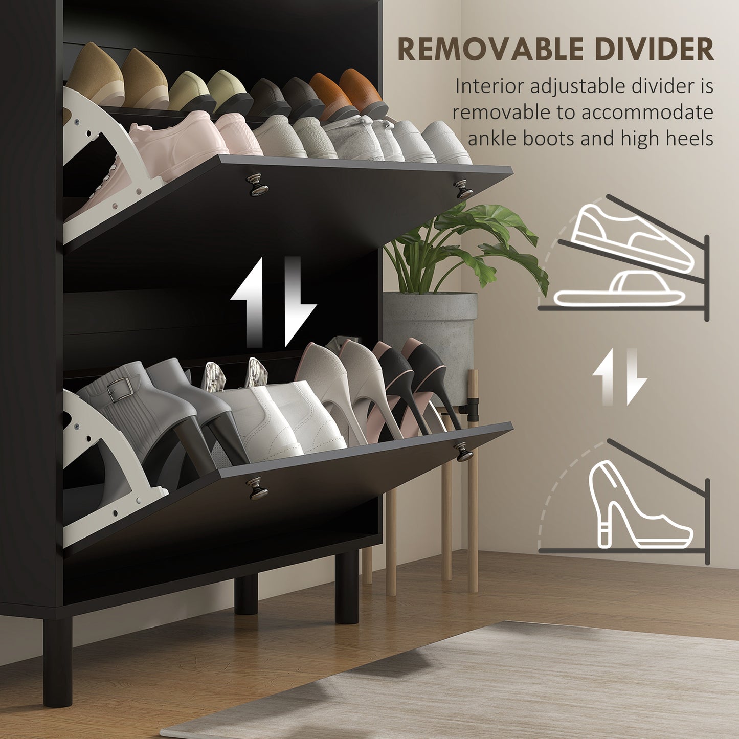 Narrow Shoe Storage Cabinet with 3 Flip Drawers Adjustable Shelves for 24 Pairs Black Kids Crystal