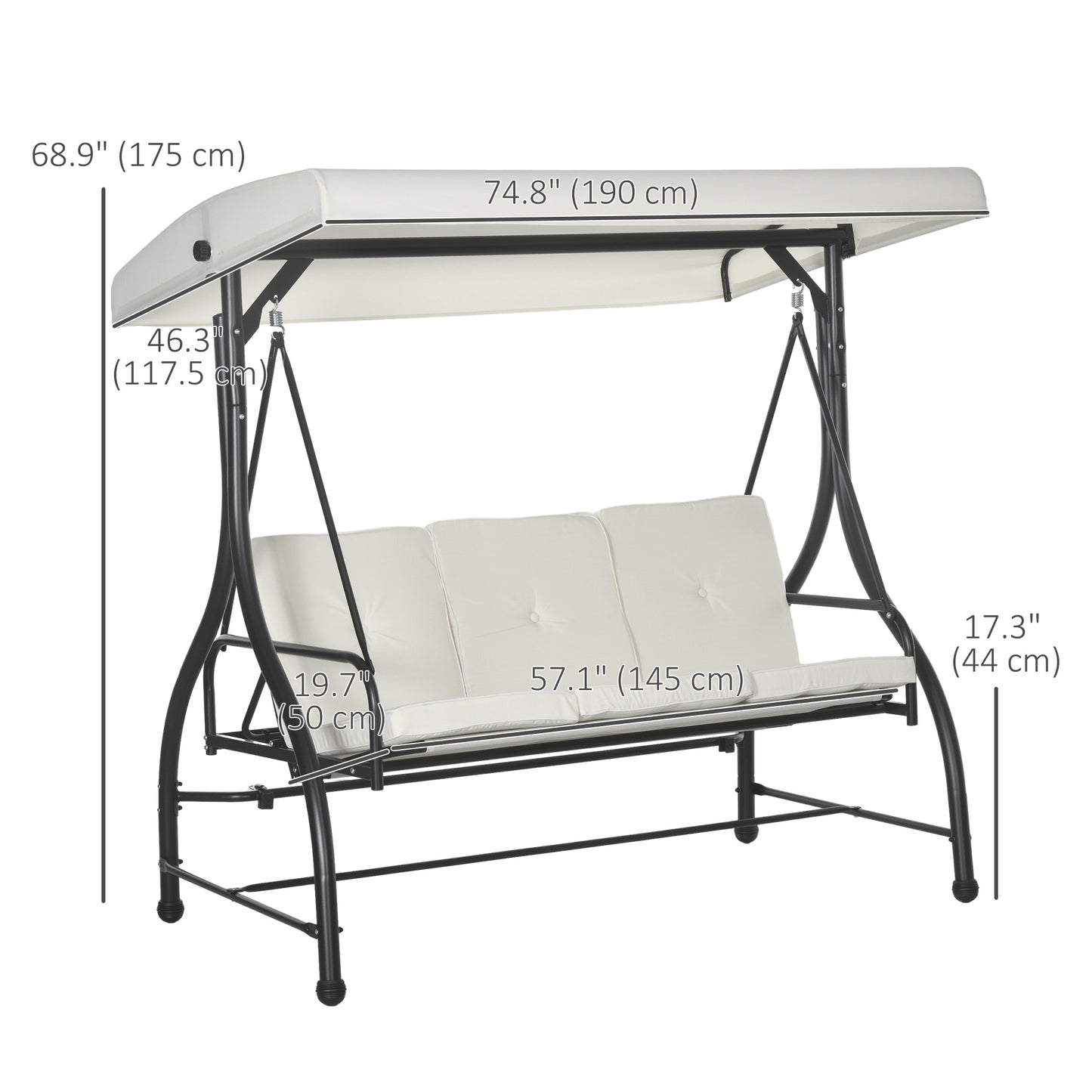 Convertible Patio Swing Bed with Canopy and Cushions, 3 Seater Porch Swing for Outdoor, Backyard, Garden, Cream White Kids Crystal