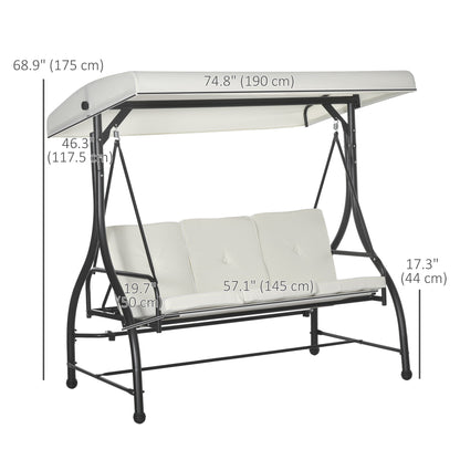 Convertible Patio Swing Bed with Canopy and Cushions, 3 Seater Porch Swing for Outdoor, Backyard, Garden, Cream White