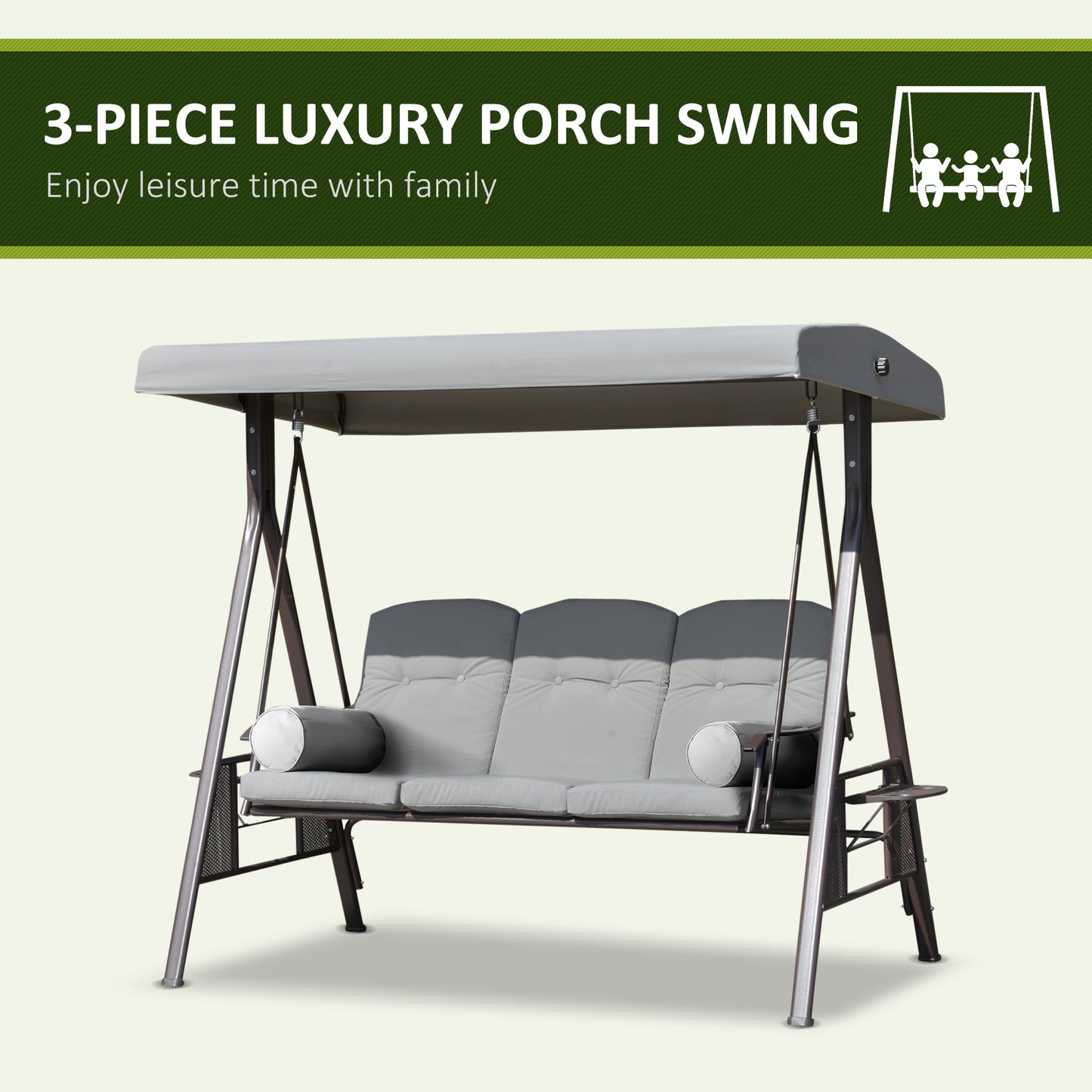 Outdoor Patio 3-Person Steel Canopy Cushioned Seat Bench Swing with Included Side Trays & Padded Comfort, Light Grey Kids Crystal