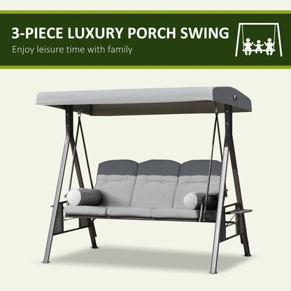 Outdoor Patio 3-Person Steel Canopy Cushioned Seat Bench Swing with Included Side Trays & Padded Comfort, Light Grey