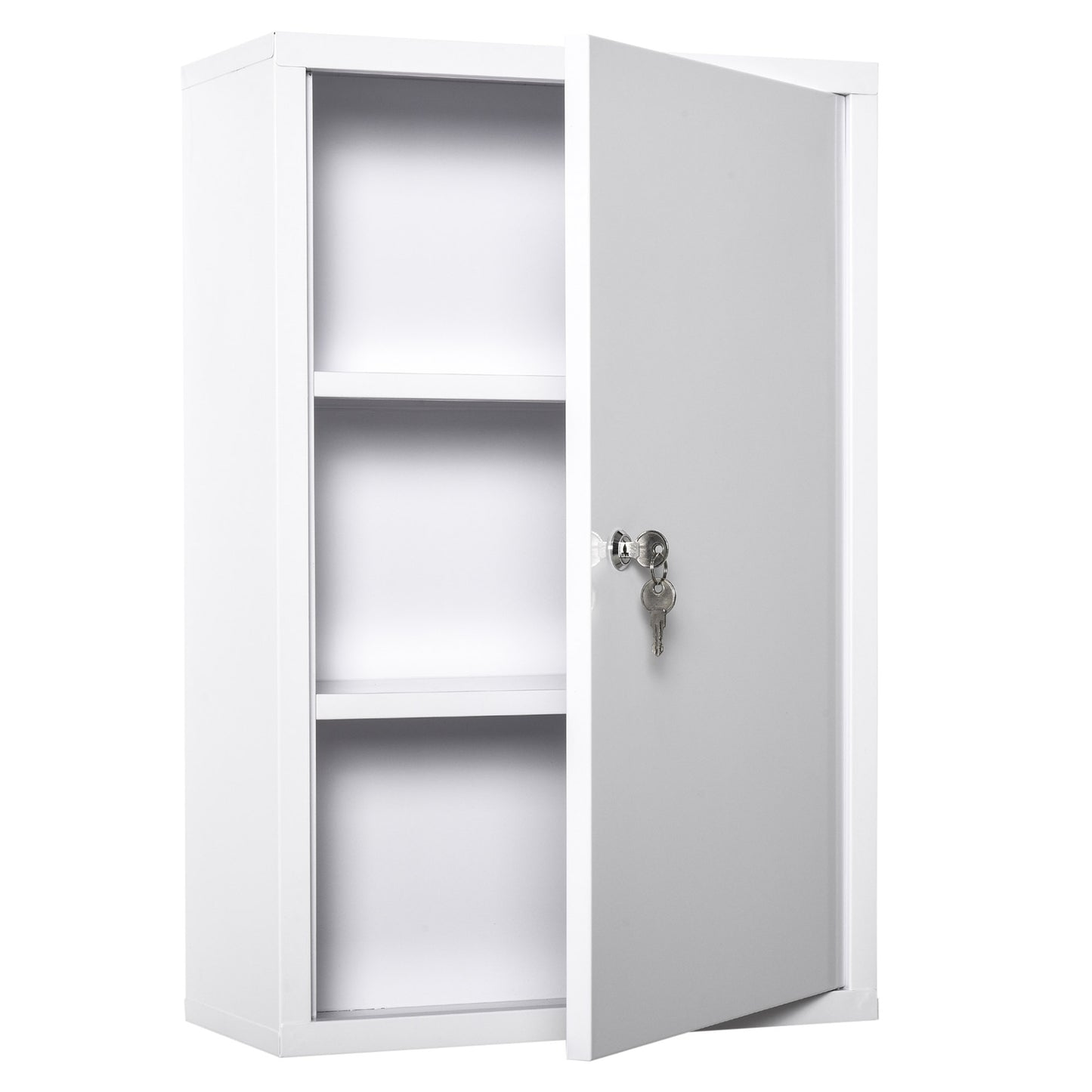 Secure Wall Medicine Cabinet: 3-Tier Lockable Steel Cabinet with 2 Keys for Bathroom Safety, White Kids Crystal