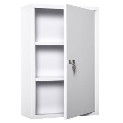 Secure Wall Medicine Cabinet: 3-Tier Lockable Steel Cabinet with 2 Keys for Bathroom Safety, White