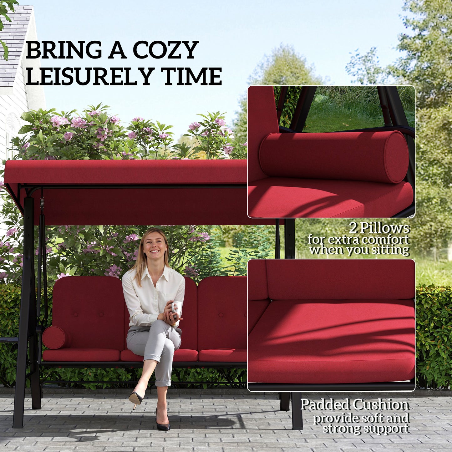 Outdoor Patio 3-Person Steel Canopy Cushioned Seat Bench Swing with Included Side Trays & Padded Comfort, Wine Red Kids Crystal