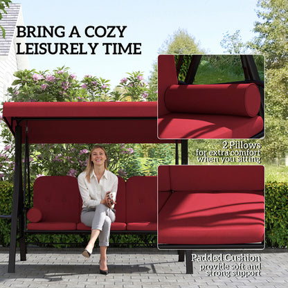 Outdoor Patio 3-Person Steel Canopy Cushioned Seat Bench Swing with Included Side Trays & Padded Comfort, Wine Red