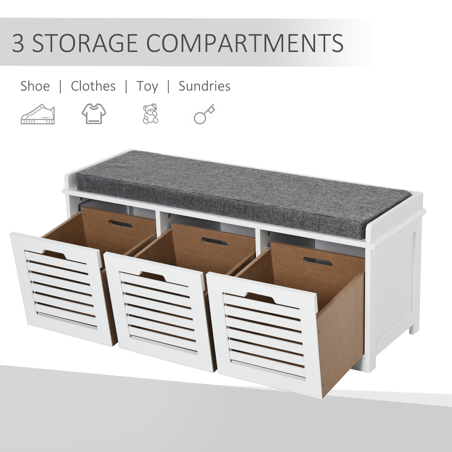 Upholstered Shoe Haven: Storage Bench with Padded Cushion, 3 Drawers, Ample Space for Living Room Kids Crystal