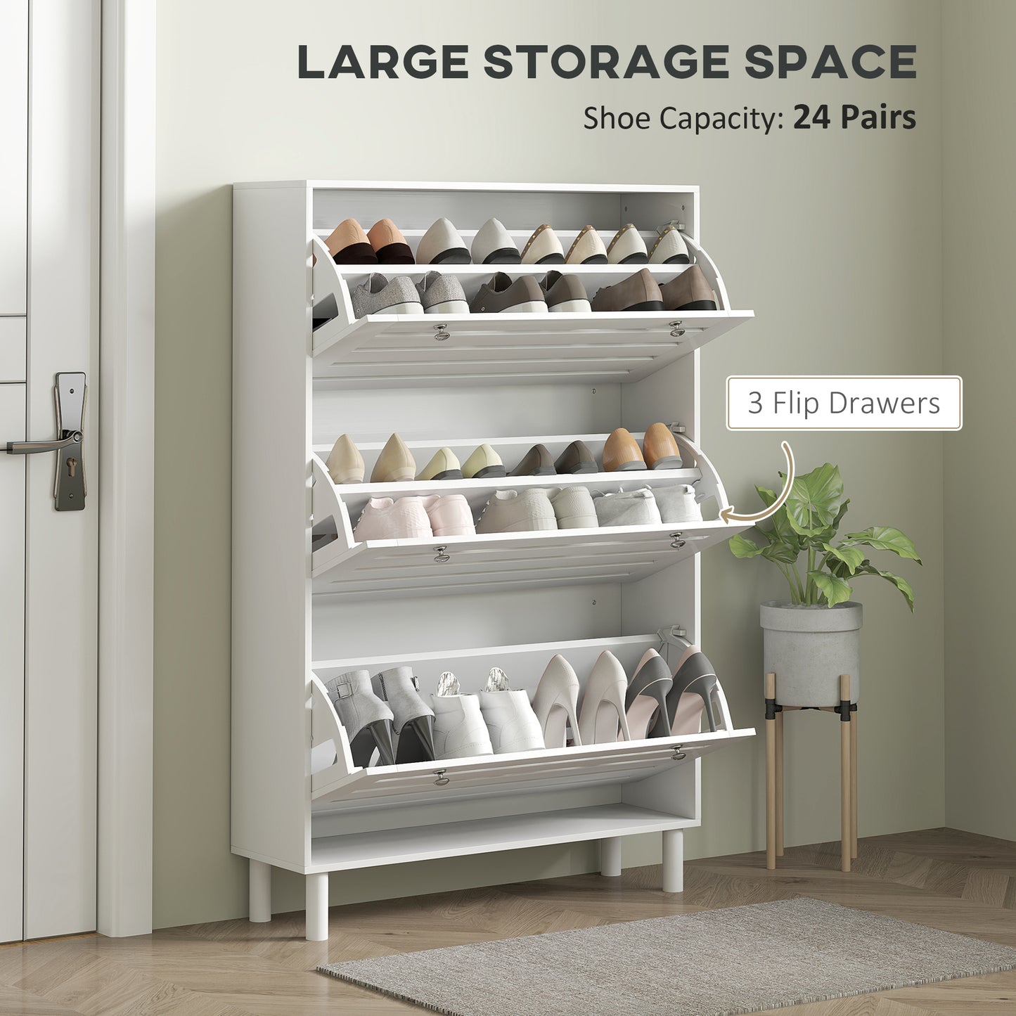 Narrow Shoe Storage Cabinet, 3 Flip Drawers, Adjustable Shelves, 24 Pairs Capacity, White Kids Crystal