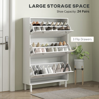Narrow Shoe Storage Cabinet, 3 Flip Drawers, Adjustable Shelves, 24 Pairs Capacity, White