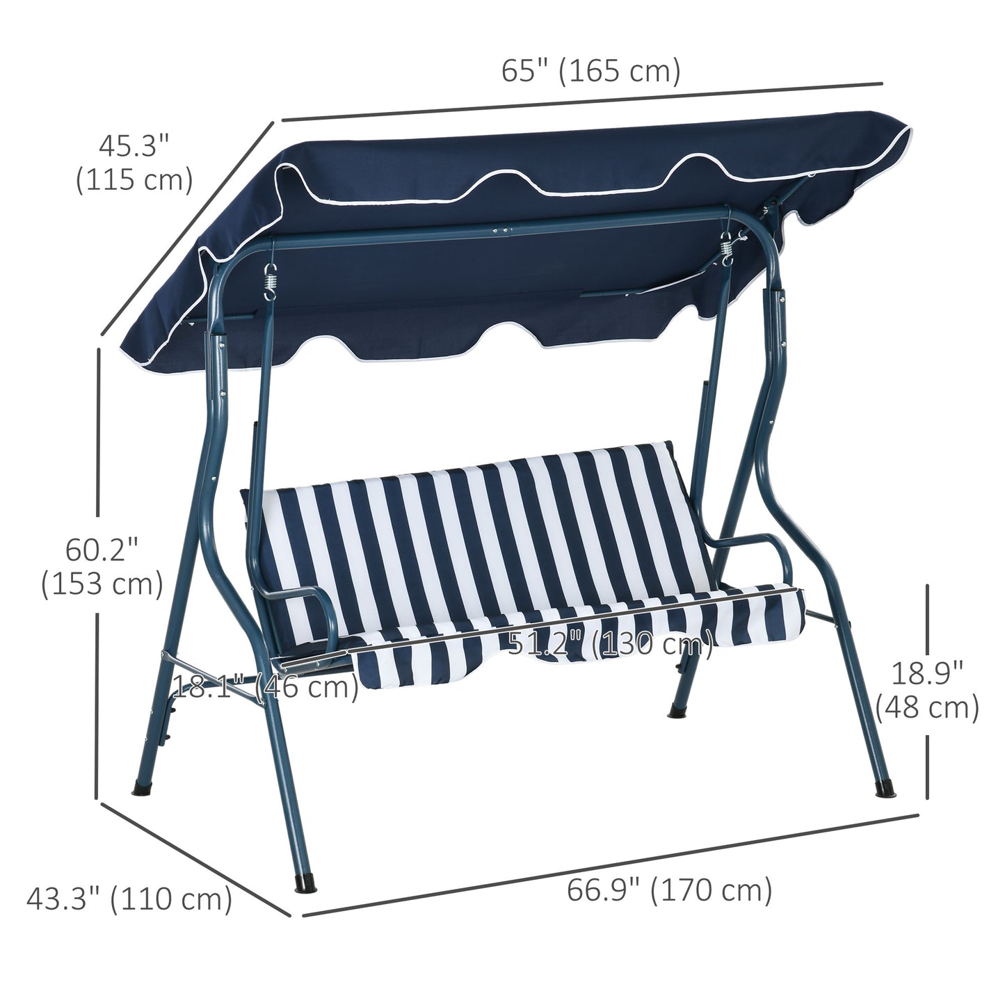 3-Seater Patio Swing Chair Outdoor Porch Swing with Adjustable Canopy Cushion Blue Kids Crystal