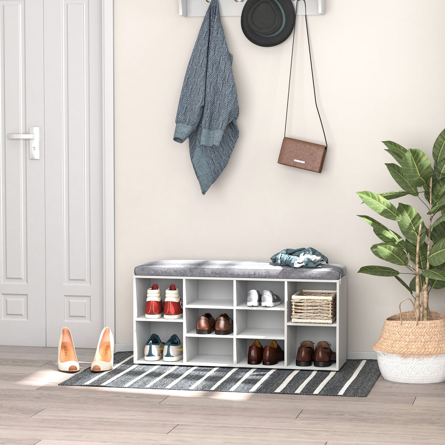 Shoe Bench with Storage, Upholstered Entryway Bench with Adjustable Shelves, Cushion for Living Room, Hallway, White Kids Crystal