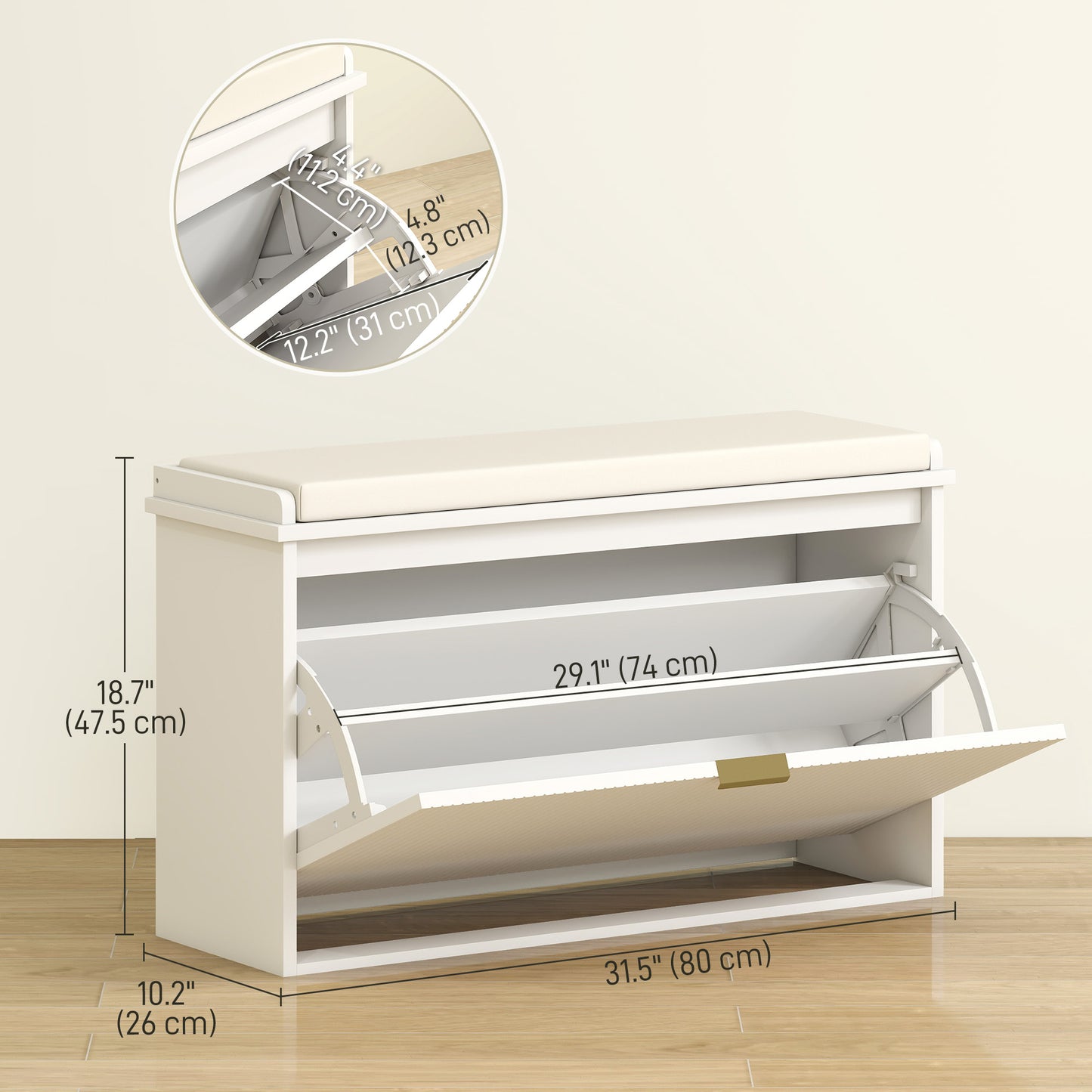 Entryway Bench with Padded Seat and Flip-Drawers, Holds up to 265lbs, Shoe Storage Bench for 8 Pairs of Shoes, White Kids Crystal