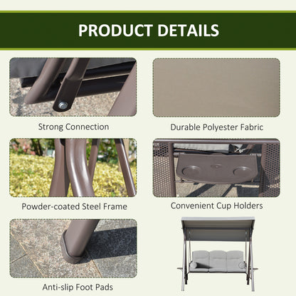 Outdoor Patio 3-Person Steel Canopy Cushioned Seat Bench Swing with Included Side Trays & Padded Comfort, Light Grey