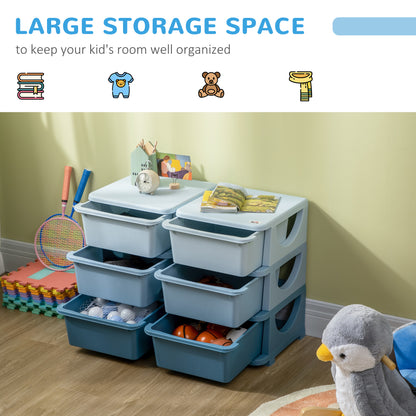 3 Tier Kids Toy Organizer and Storage Bins with 6 Plastic Drawers, Blue