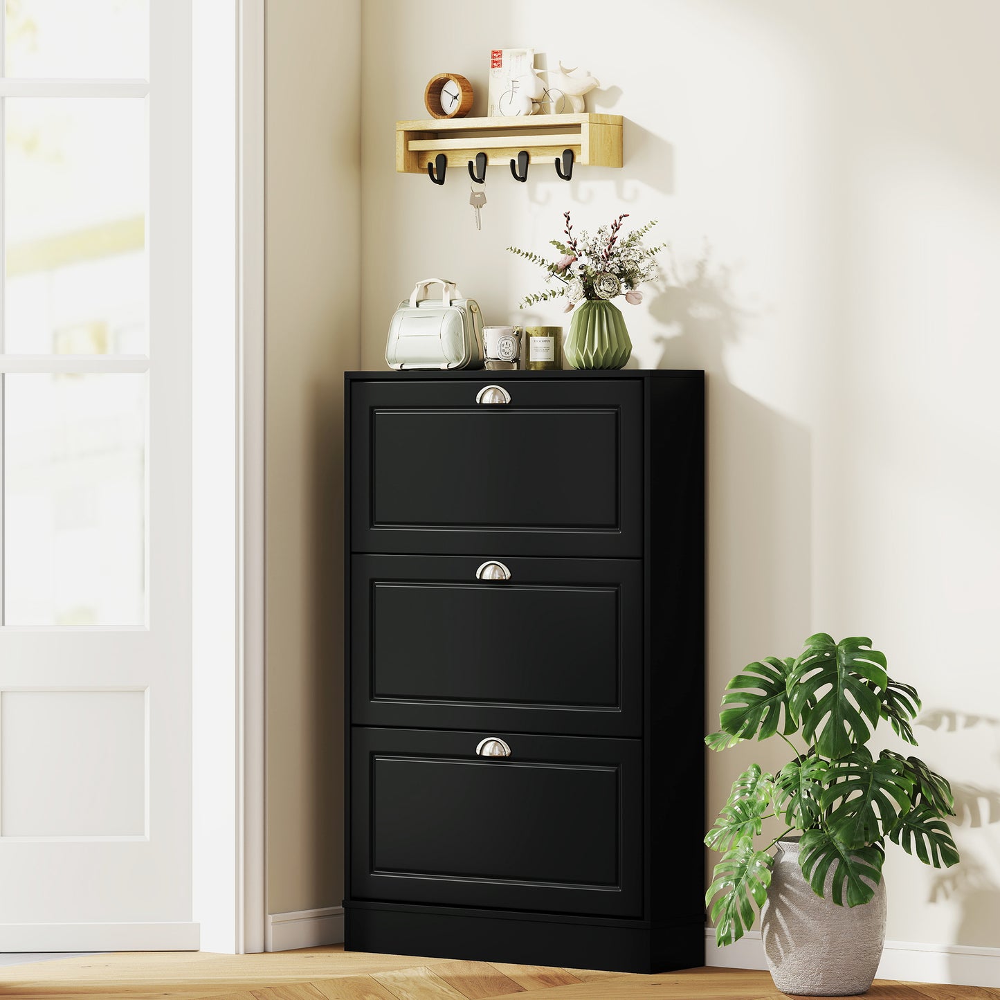 Shoe Cabinet with 3 Flip Drawers, Narrow Shoe Storage Cabinet, Holds 12 Pairs for Entryway, Hallway, Black Kids Crystal