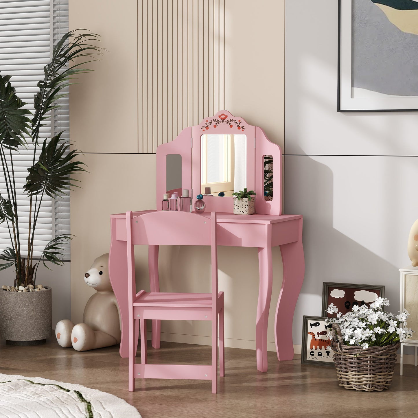 Kids Vanity Set, Dual-Use Dressing Table with Removable Tri-Folding Mirror and Drawer, for Ages 3-8, Pink Kids Crystal