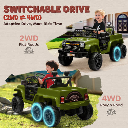 12V 4WD/2WD Kids Electric Car w/ Remote Control, Spring Suspension, Back Trailer, Light, Music, Soft Start, Dark Green