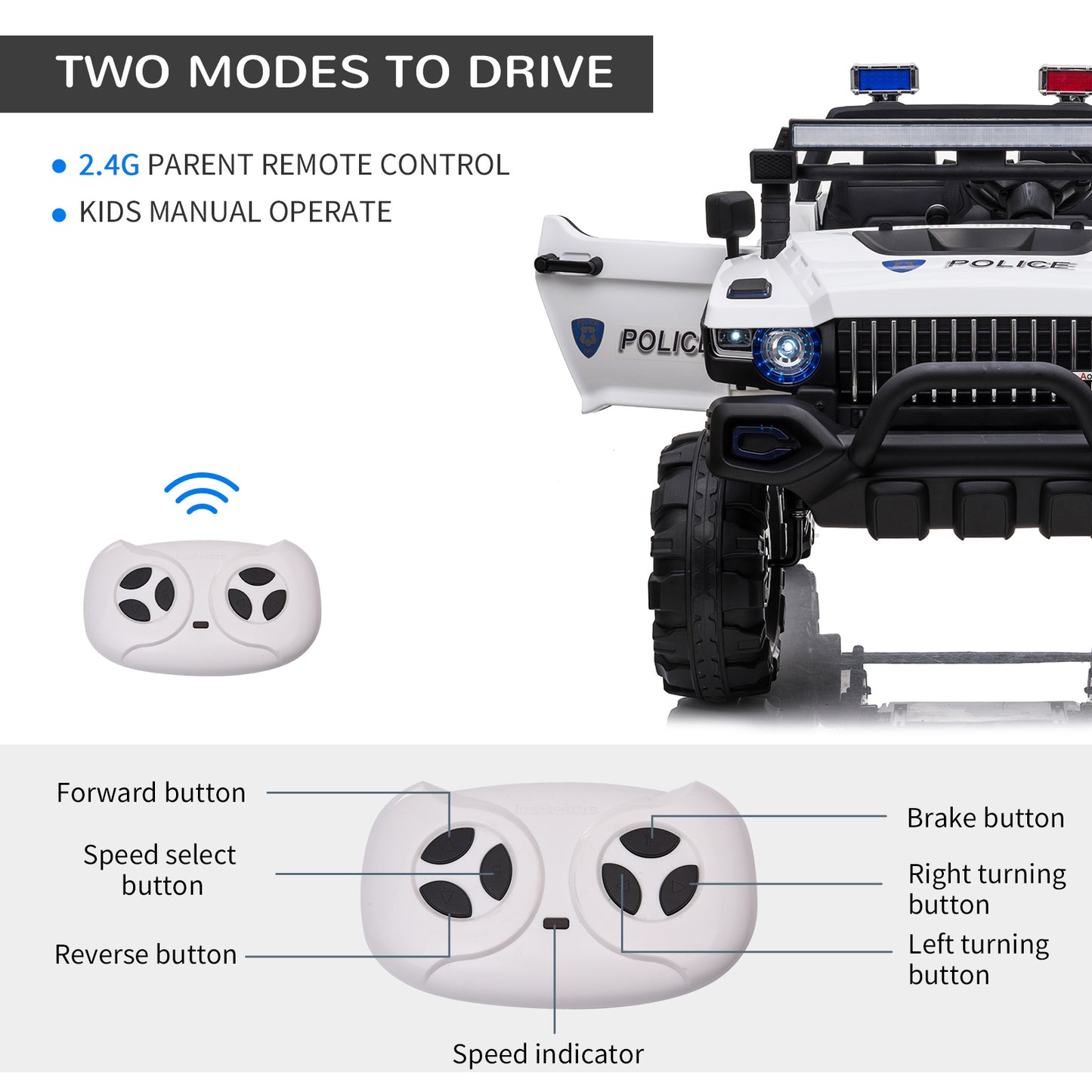 12V Kids Police Truck Ride-On Car RC 2-Seater with LED Lights MP3 Parental Remote Control White Kids Crystal