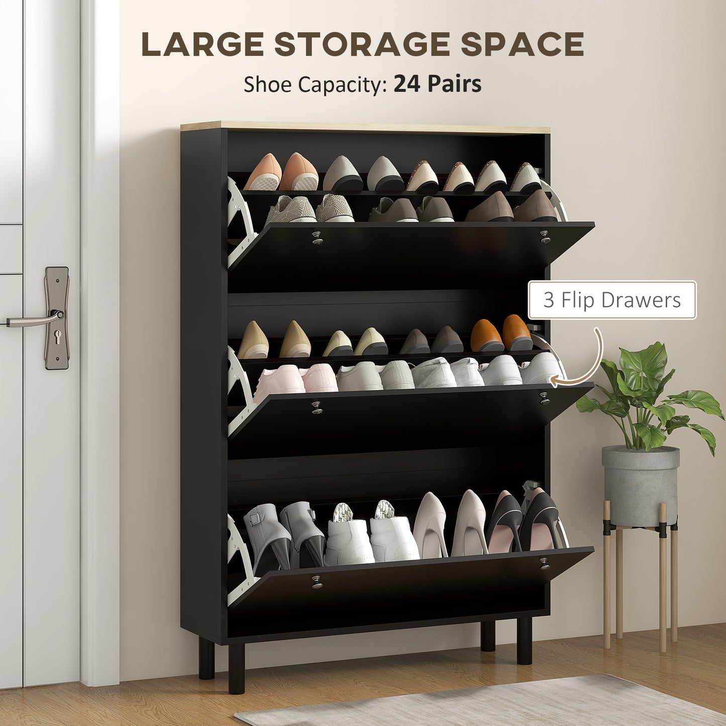 Narrow Shoe Storage Cabinet with 3 Flip Drawers Adjustable Shelves for 24 Pairs Black Kids Crystal