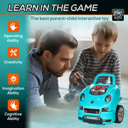 Kids Mechanic Truck Engine Repair Toy Set Car Service Teal Playset with Tools for Pretend Play