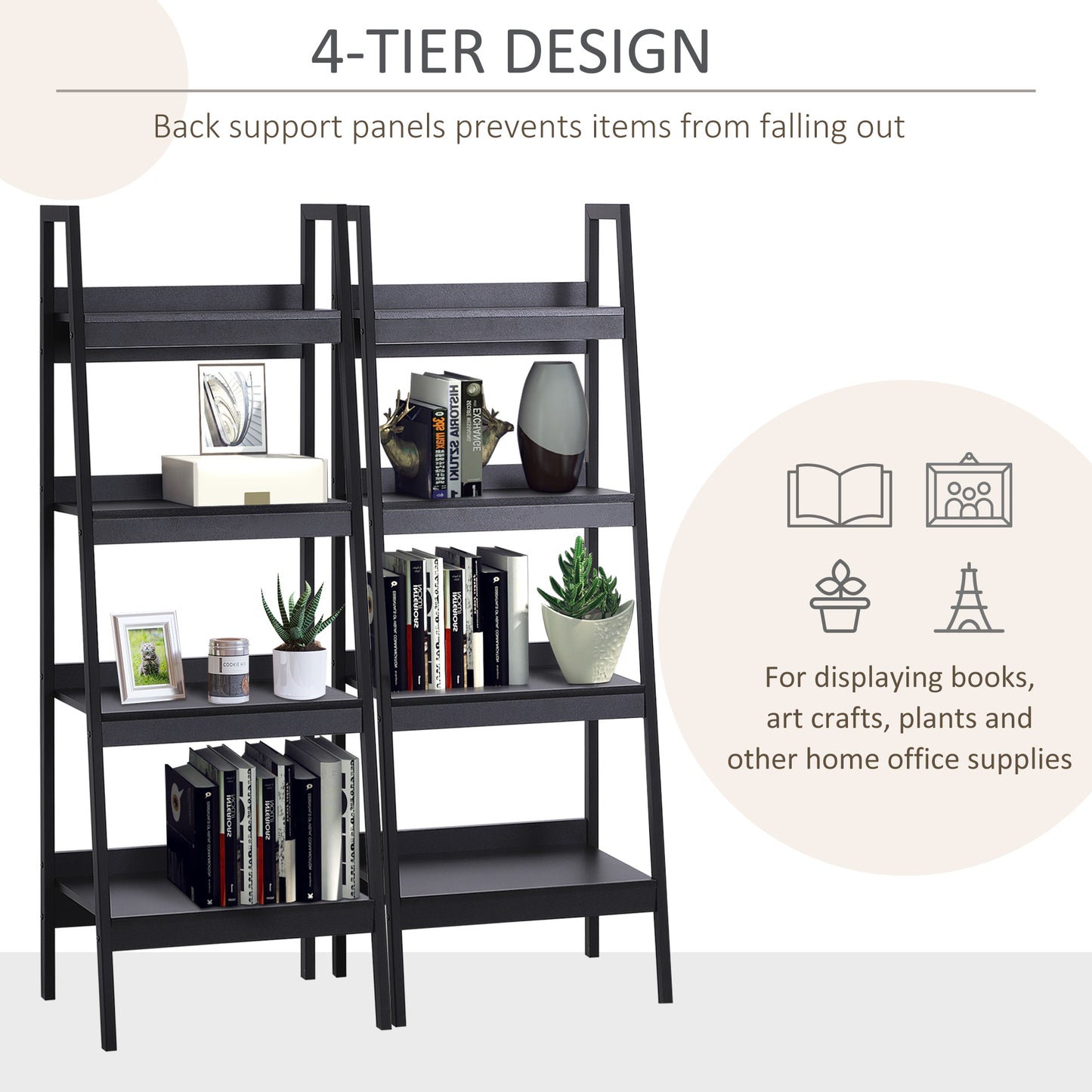 4 Tier Ladder Shelf Bookcase Set of 2 Display Rack Storage Shelving Unit Flower Plant Stand Multi-Use Black Kids Crystal