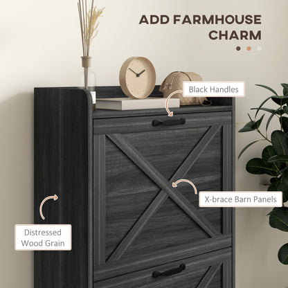 Slim Shoe Storage Cabinet, Farmhouse Shoe Cabinet with 2 Flip Drawers, Adjustable Shelves for 8 Pairs, Distressed Grey