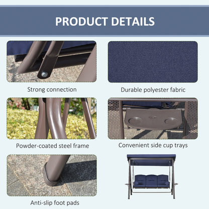 Outdoor Patio 3-Person Steel Canopy Cushioned Seat Bench Swing with Included Side Trays & Padded Comfort, Dark Blue