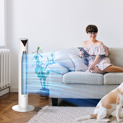 Tower Fan Oscillating 3 Speed 12h Timer LED Remote Control Cooling for Bedroom Home White