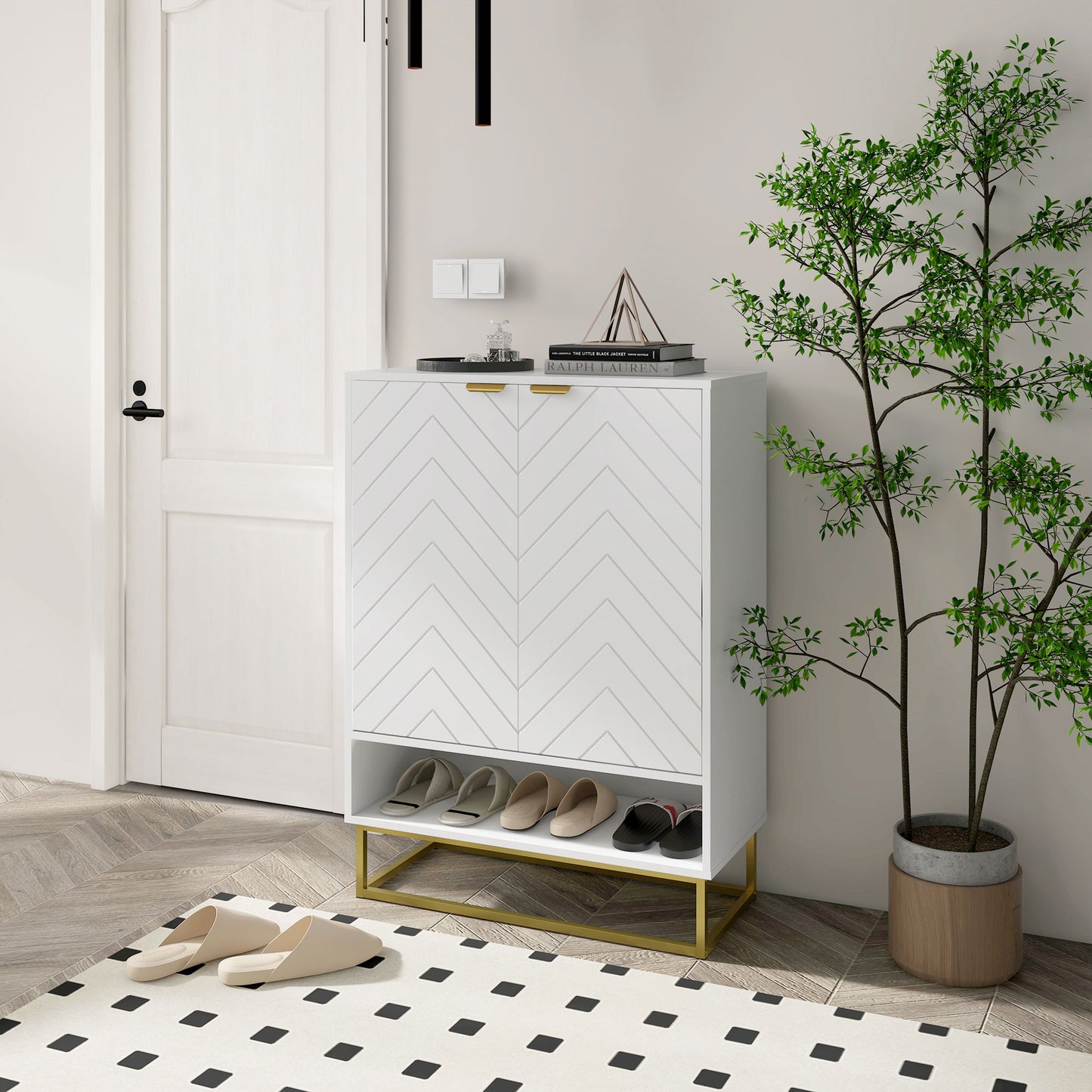 Entryway Shoe Cabinet, Shoe Storage Cabinet with Adjustable Shelf for 12 Pairs of Shoes, White Kids Crystal