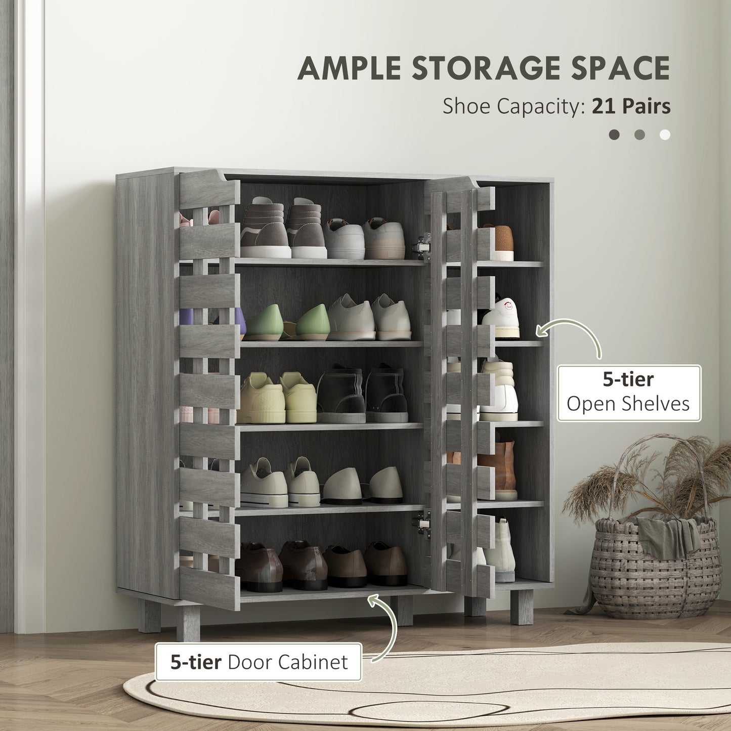 Shoe Cabinet, 21 Pair Shoe Storage Cabinet Organizer with 5-tier Double Door Cabinet and 5-tier Open Shelves, Light Grey Kids Crystal