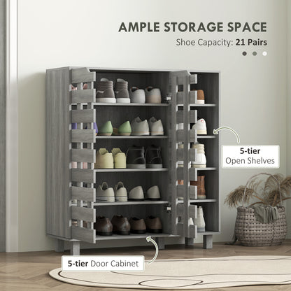 Shoe Cabinet, 21 Pair Shoe Storage Cabinet Organizer with 5-tier Double Door Cabinet and 5-tier Open Shelves, Light Grey