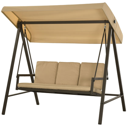 3 Seater Patio Swing Chair, Porch Swing with Adjustable Canopy and Removable Cushions, Outdoor Swing Seat, Beige