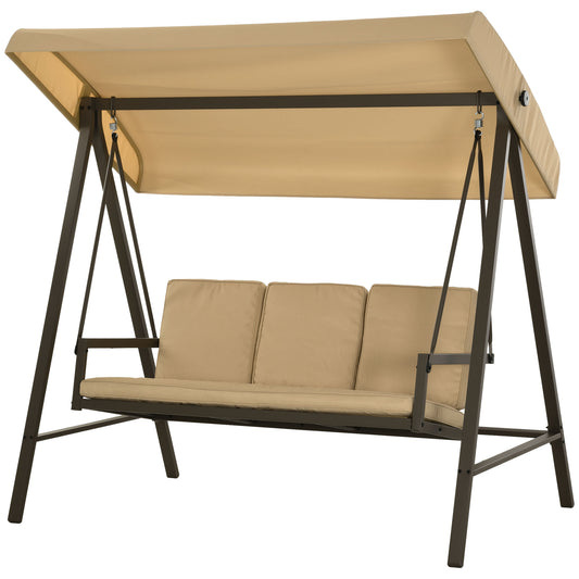 3 Seater Patio Swing Chair, Porch Swing with Adjustable Canopy and Removable Cushions, Outdoor Swing Seat, Beige