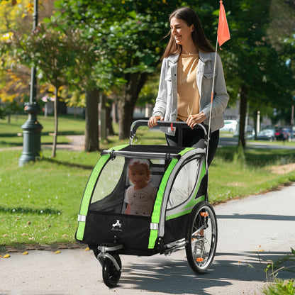 Convertible 2-in-1 Child Bike Trailer & Stroller Safety Features Storage Basket Green Color Outdoor