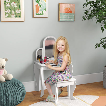 Kids Dressing Table and Chair Set, Girls Dressing Set, Makeup Desk with Drawer for 3-6 Years Old Kids, White
