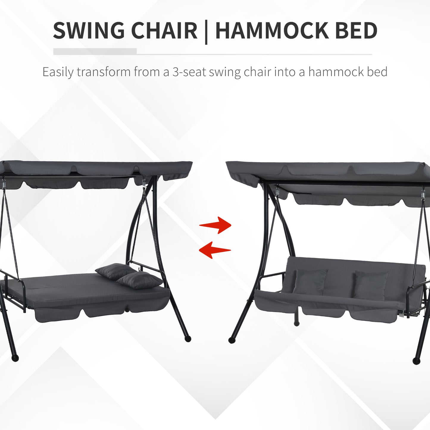 Convertible Patio Swing Chair Garden 3 Person Hammock Outdoor Lounge Bed Cushioned with Tilt Canopy Dark Grey Kids Crystal