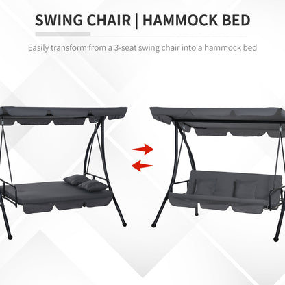 Convertible Patio Swing Chair Garden 3 Person Hammock Outdoor Lounge Bed Cushioned with Tilt Canopy Dark Grey