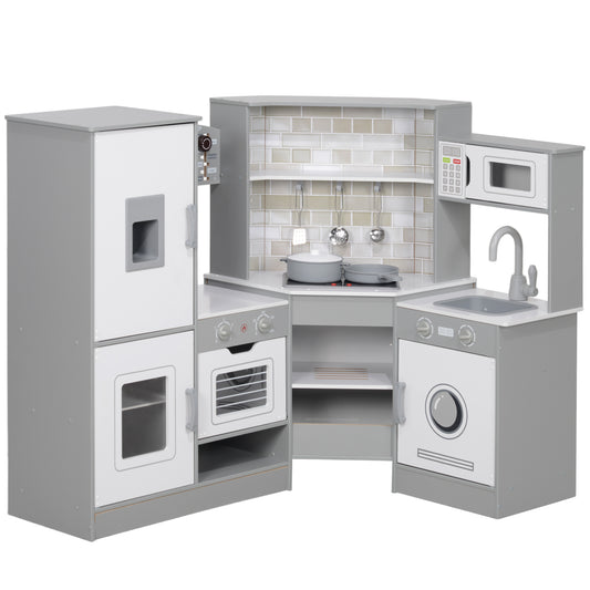Corner Play Kitchen, Pretend Play Kitchen Set with Lights & Sounds, Stove Ice Maker Microwave Oven Kids Crystal
