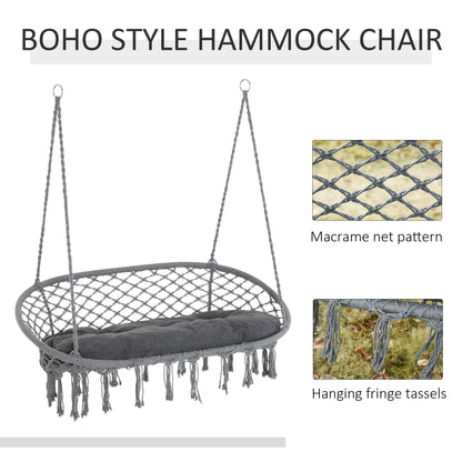 Hanging Chair 2 Seat Metal Swinging Hammock Chair with Cushion & Macrame Net Pattern 396 lbs Capacity Dark Grey