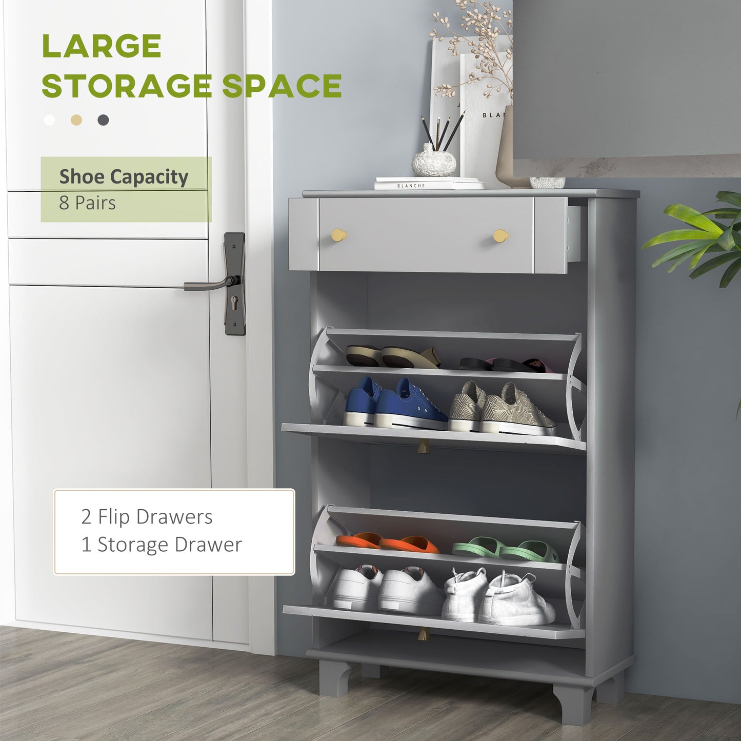 Slim Shoe Storage with 2 Flip Drawers and Adjustable Shelves Shoe Cabinet Organizer for 8 Pair, Grey Kids Crystal