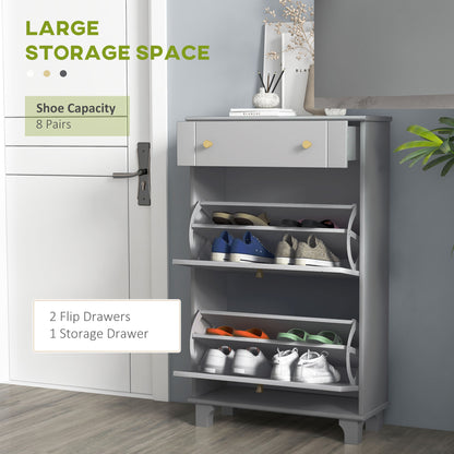 Slim Shoe Storage with 2 Flip Drawers and Adjustable Shelves Shoe Cabinet Organizer for 8 Pair, Grey
