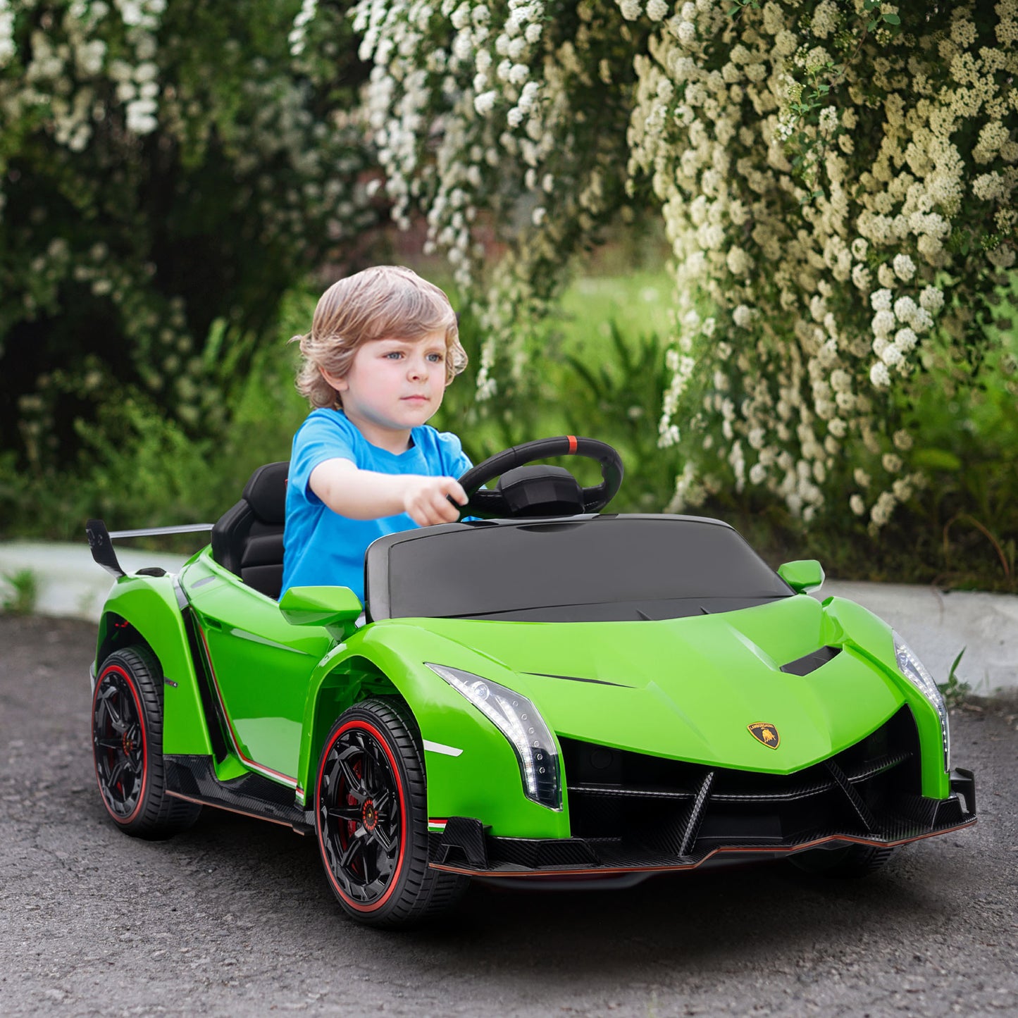 Kids Sports Car: 12V Electric, Butterfly Doors, 4.3Mph, Portable Battery, Green, for Boys/Girls Kids Crystal