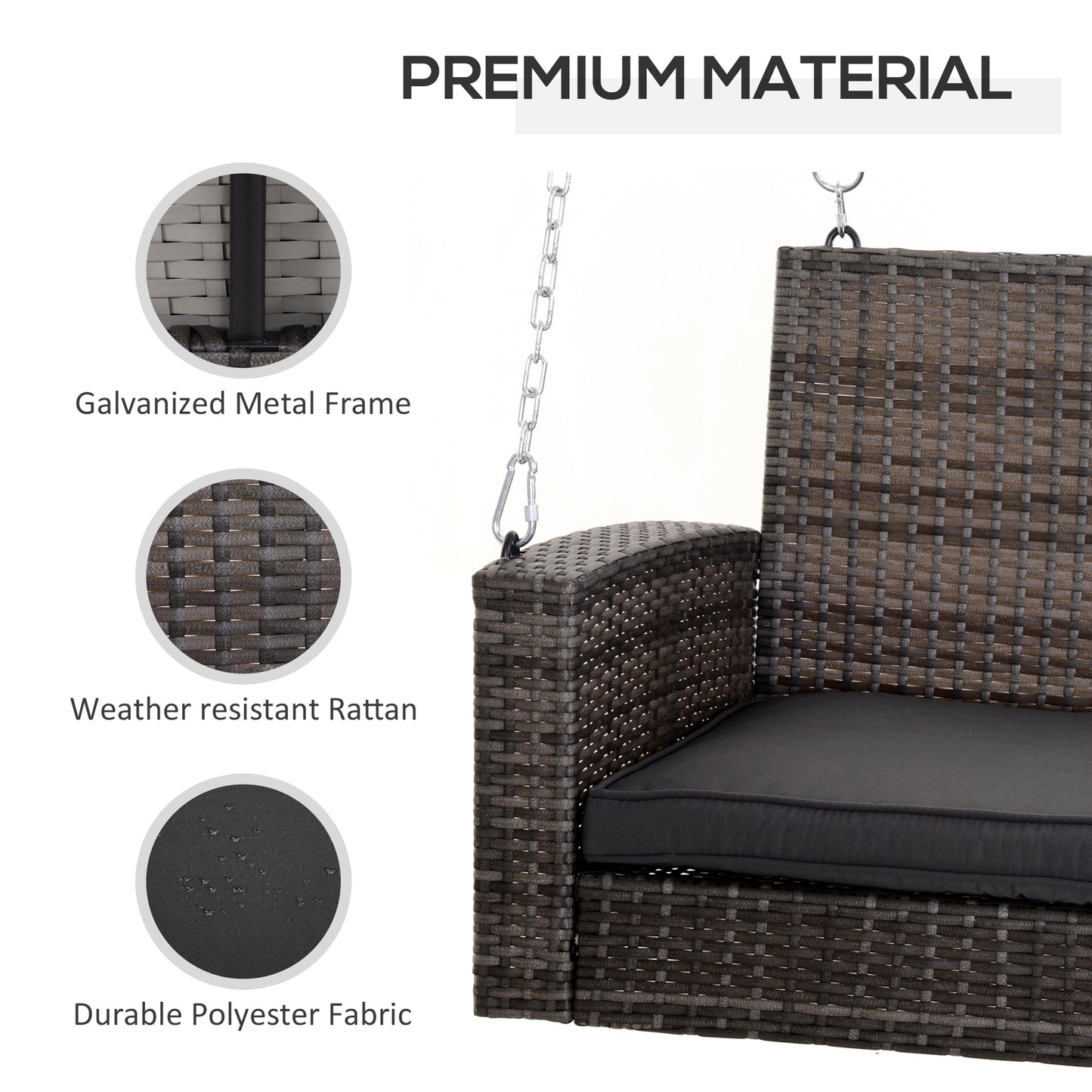 2-person Outdoor Wicker Porch Swing Chair Garden Rattan Hanging Bench with Cushion Yard Double Hammock Sun Lounge Seat, Grey Kids Crystal