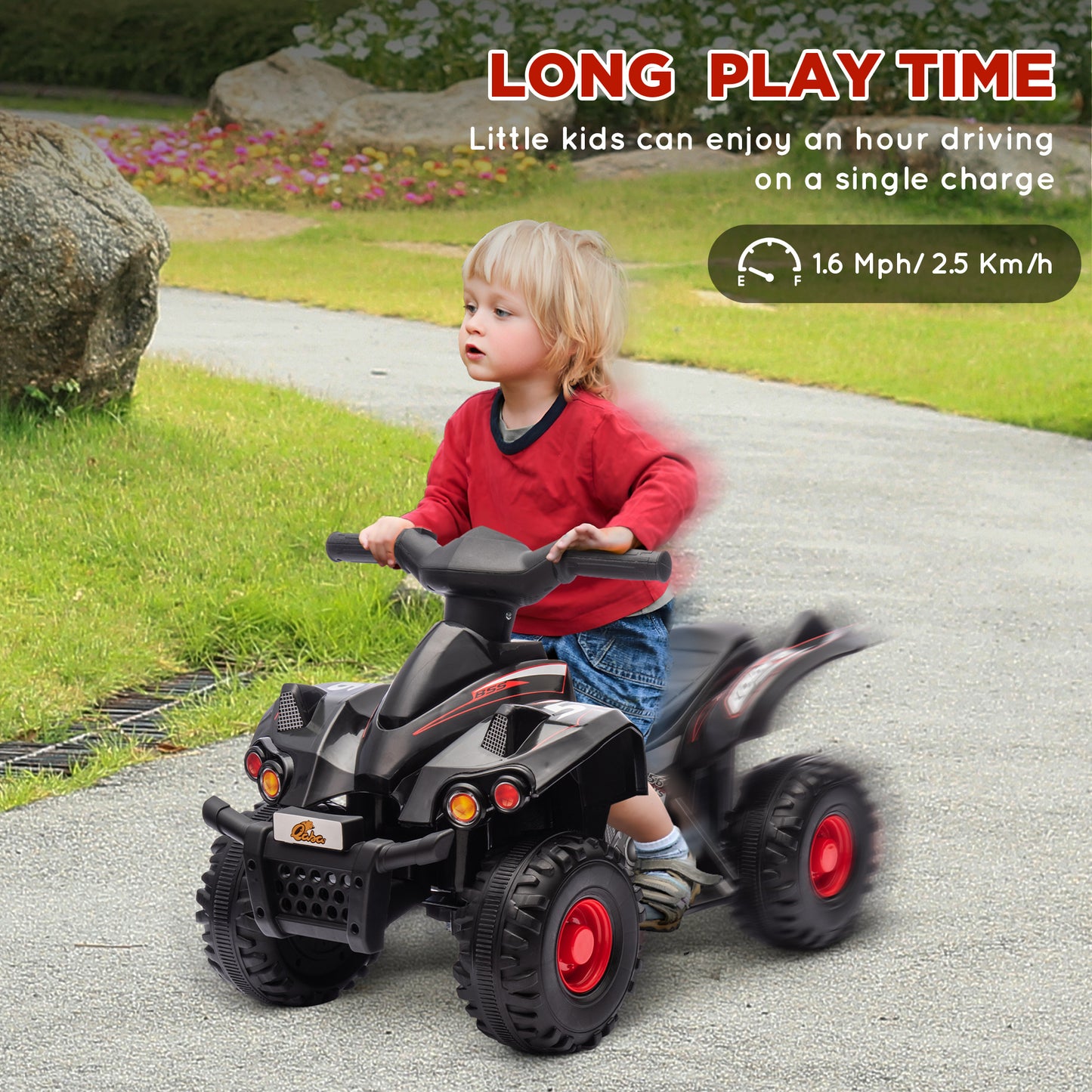 6V Kids ATV Quad w/ Music, Forward, for 2-6 Years, Black Kids Crystal