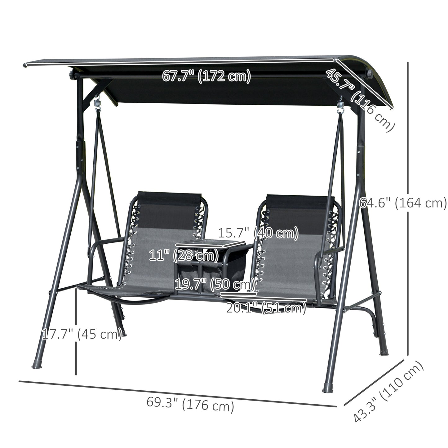 2 Person Covered Porch Swing Patio Swing with Pivot Storage Table, Cup Holder, & Adjustable Overhead Canopy, Black Kids Crystal